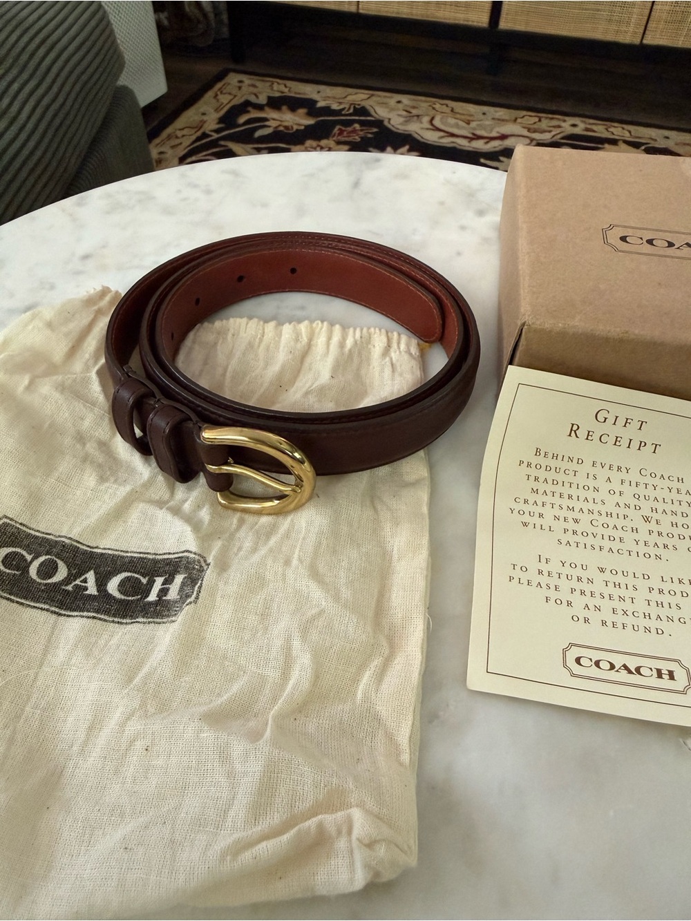 COACH Large Brown Leather Belt with Gold Buckle